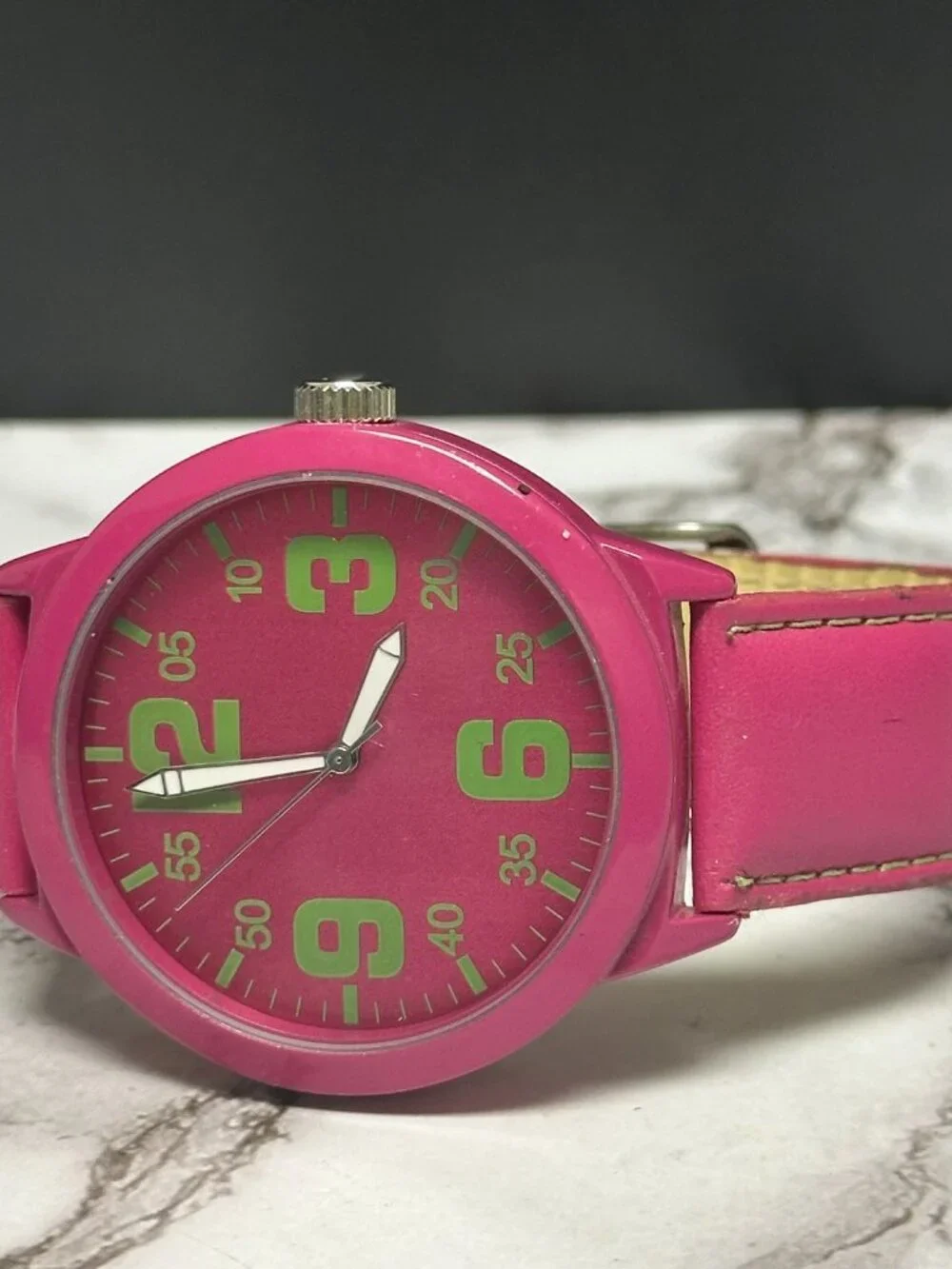 3/$30 Pink Watch Women Green Numbers Faux Leather Band Large Dial 9.5